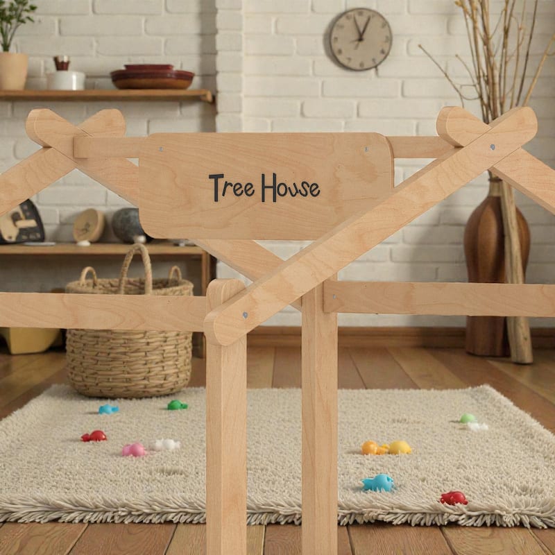 Kids House Floor Bed with Guardrails and Roof, Built-in Tray and Signboard, Montessori Floor Bed for Toddlers