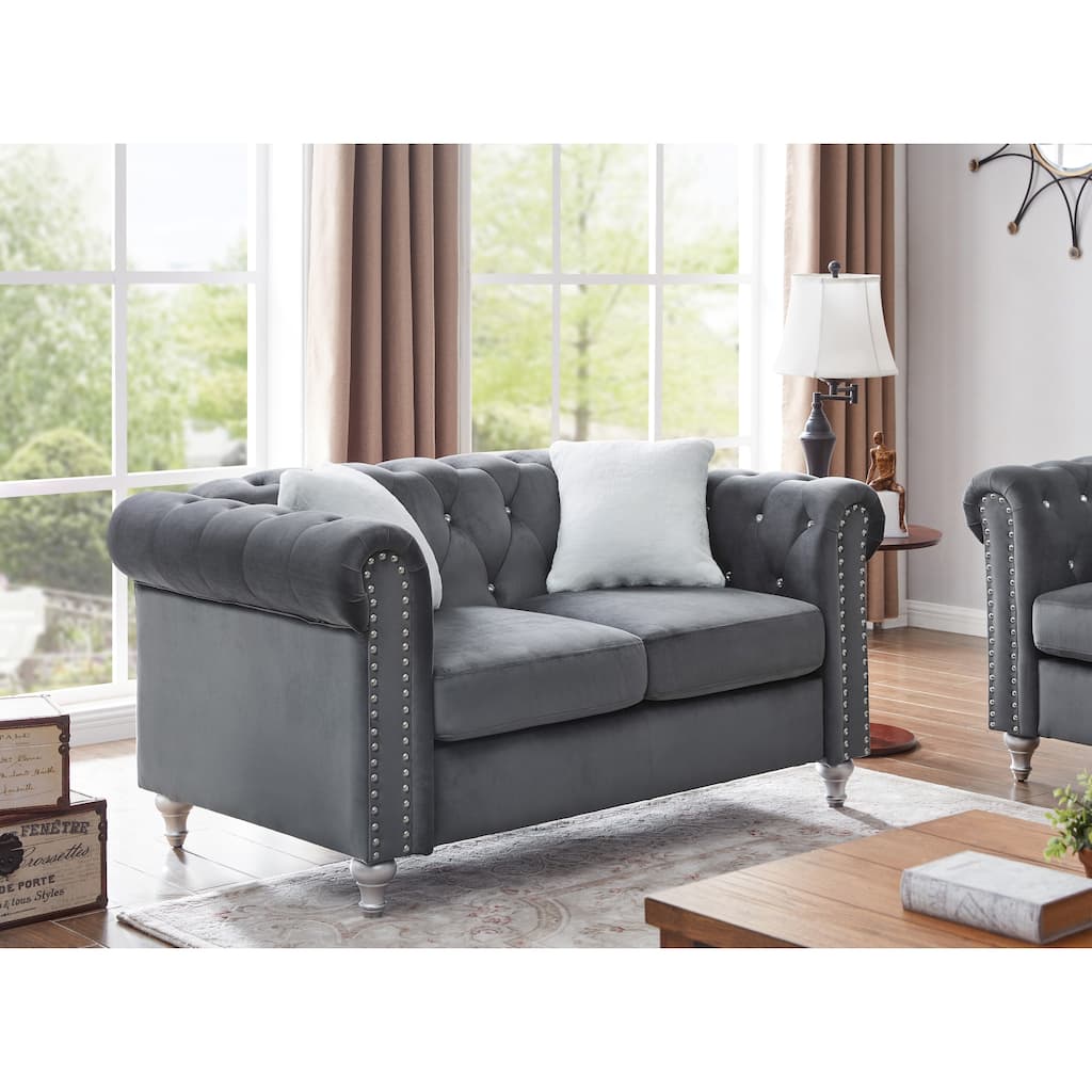 Roomfitters Velvet Chesterfield Loveseat, Jeweled Tufted 2-Seater Sofa, Modern Padded Club Couch, Silver Bun Feet