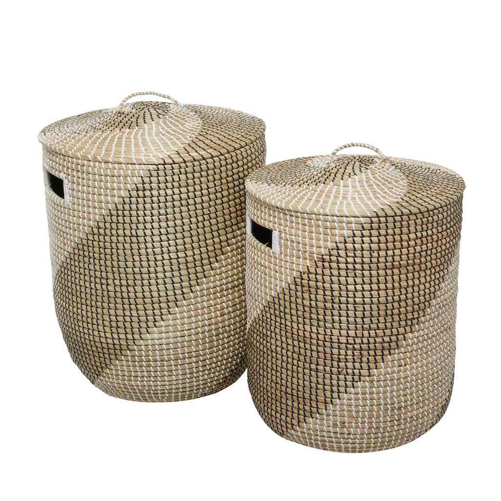 Seagrass Handmade Two Toned Storage Basket with Matching Lids - Set of 2 Brown - Roche River Decor - 18"W x 16"L x 24"H