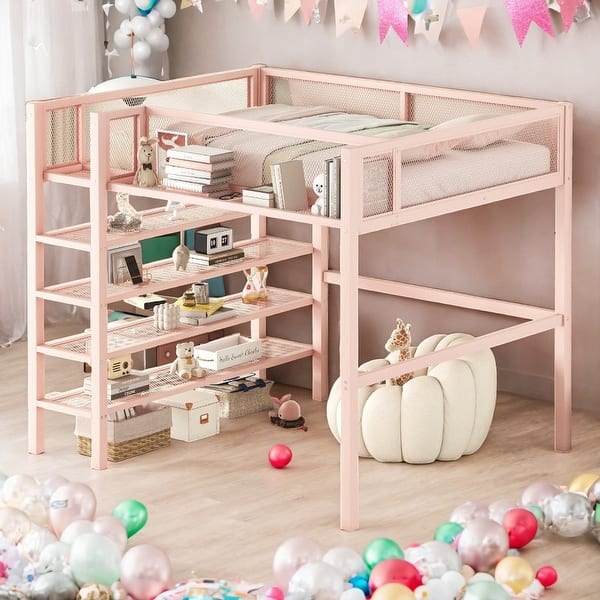 slide 2 of 67, Modern Style Full Size Metal Loft Bed with 4-Tier Shelves and Storage, Creative Structure, Storage Space, Good Stability, Pink Pink