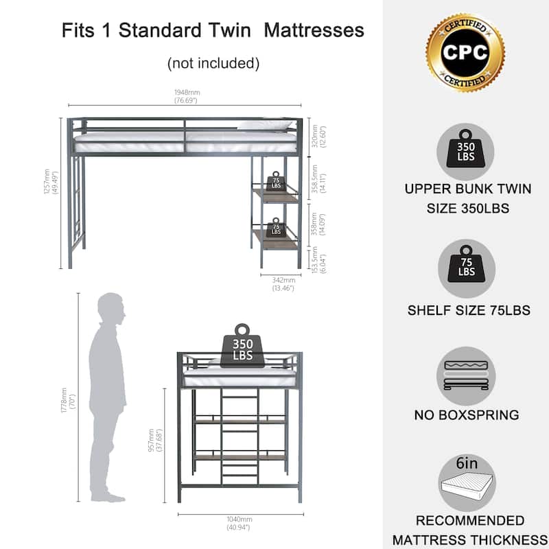 Twin loft bunk black with Cinnamon wood shelf