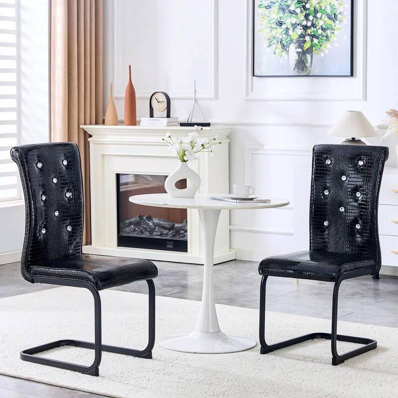 Set of 2 Retro Alligator Skin Upholstered Dining Chairs with Crystal Buckle Design & Faux Leather