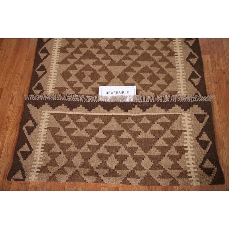 Brown Kilim Rug Hand-woven Geometric Wool Foyer Carpet - 3'2" x 5'2"