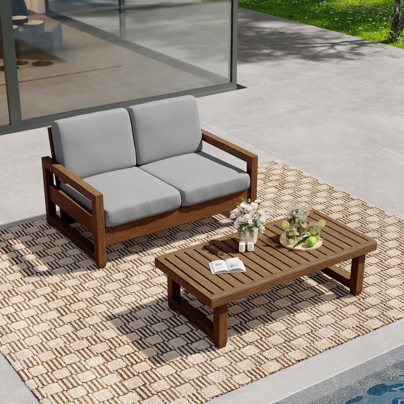 Outdoor Patio Loveseat Table Set Teak Wood with Cushion