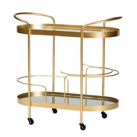 Kamal Glam Brushed Gold Metal and Mirrored Glass 2-Tier Wine Bar Cart