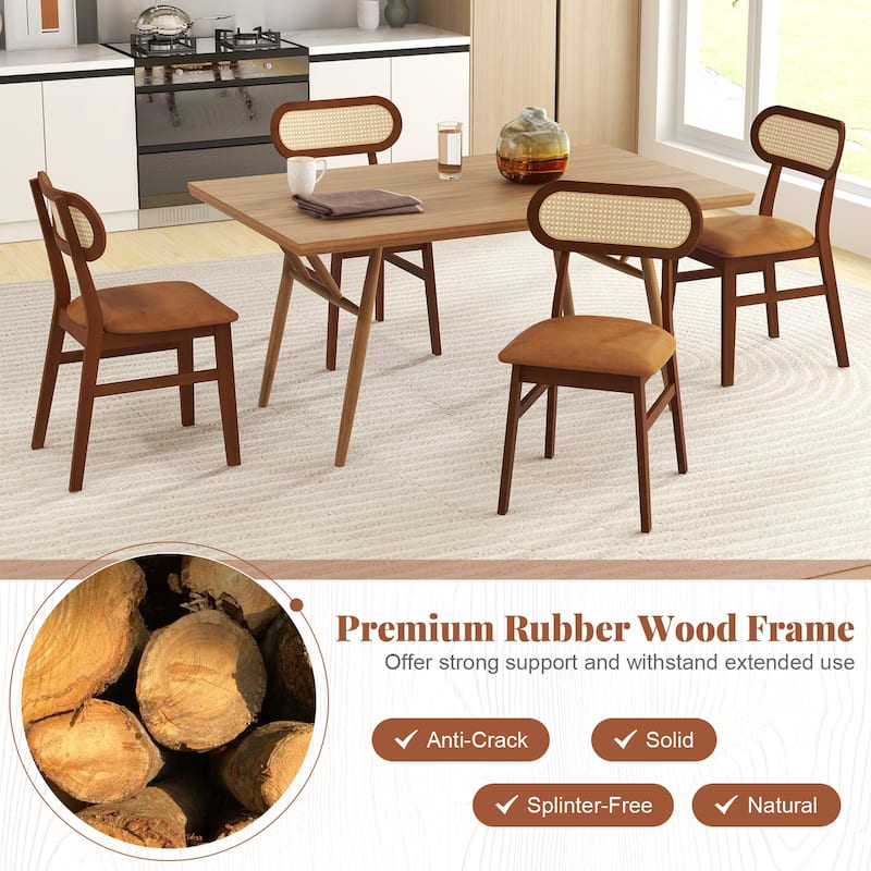 Set of 2 Modern Dining Chairs with Rattan Back and Waterproof PU Cushion Rubber Wood Legs - 19.5" x 19" x 31" (L x W x H)