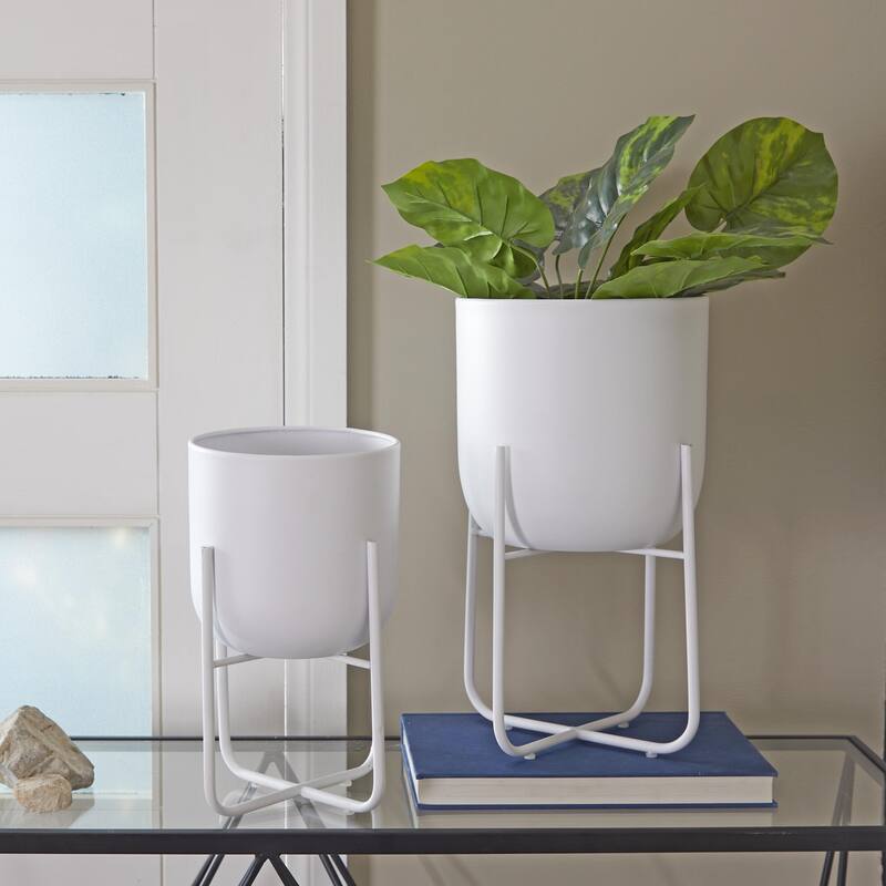 Metal Indoor Outdoor Planter with Removable Stand - Set of 2 Black or White - CosmoLiving by Cosmopolitan