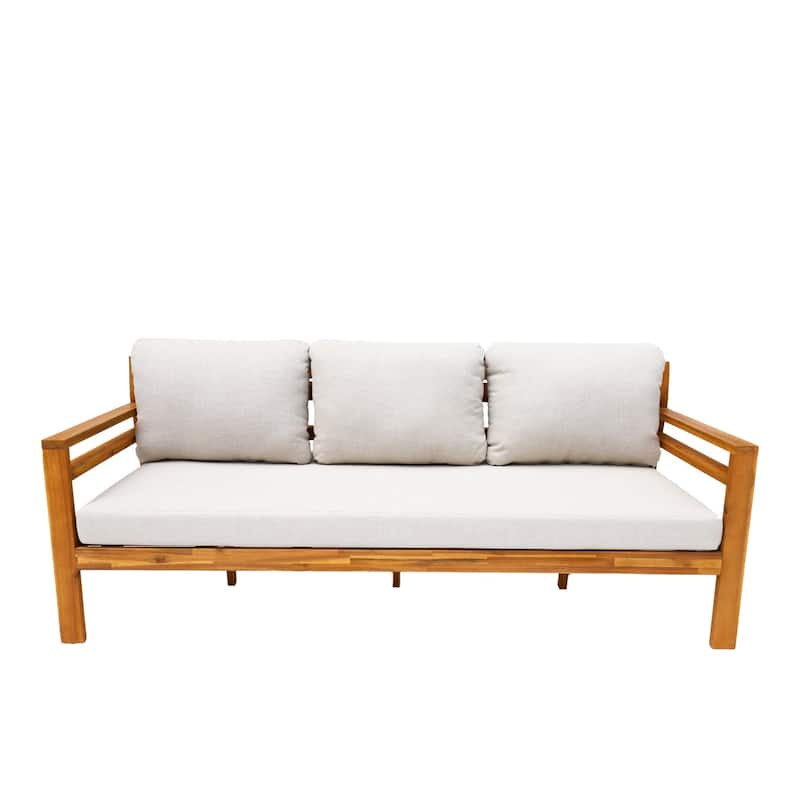 Modern Outdoor Acacia Wood Sofa with Cushions and Wooden Armrest