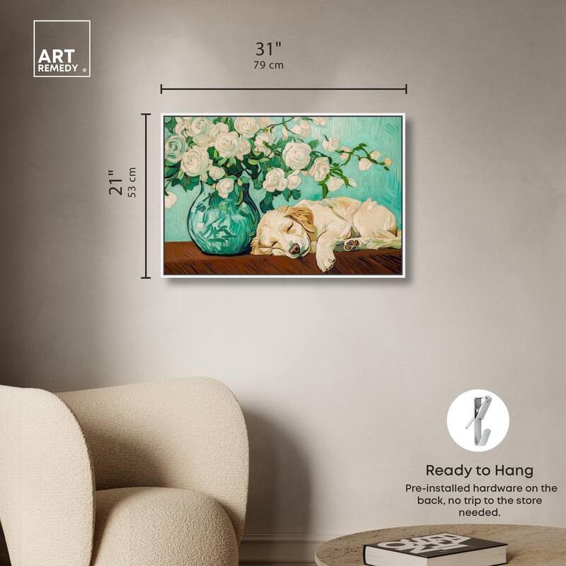 Rose Vase Puppy Canvas by Art Remedy