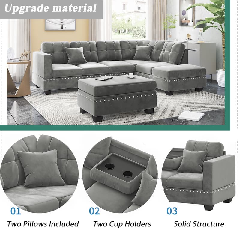 105 inch Reversible Sectional Sofa L shape Couch Space Saving with Storage Ottoman and Cup Holders Design