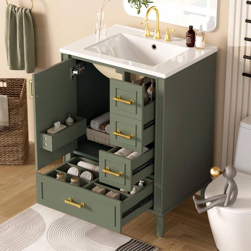 24" Modern Bathroom Vanity with Ceramic Sink, Soft-Close Door, 3 Drawers, Gold Handles & Door Rack