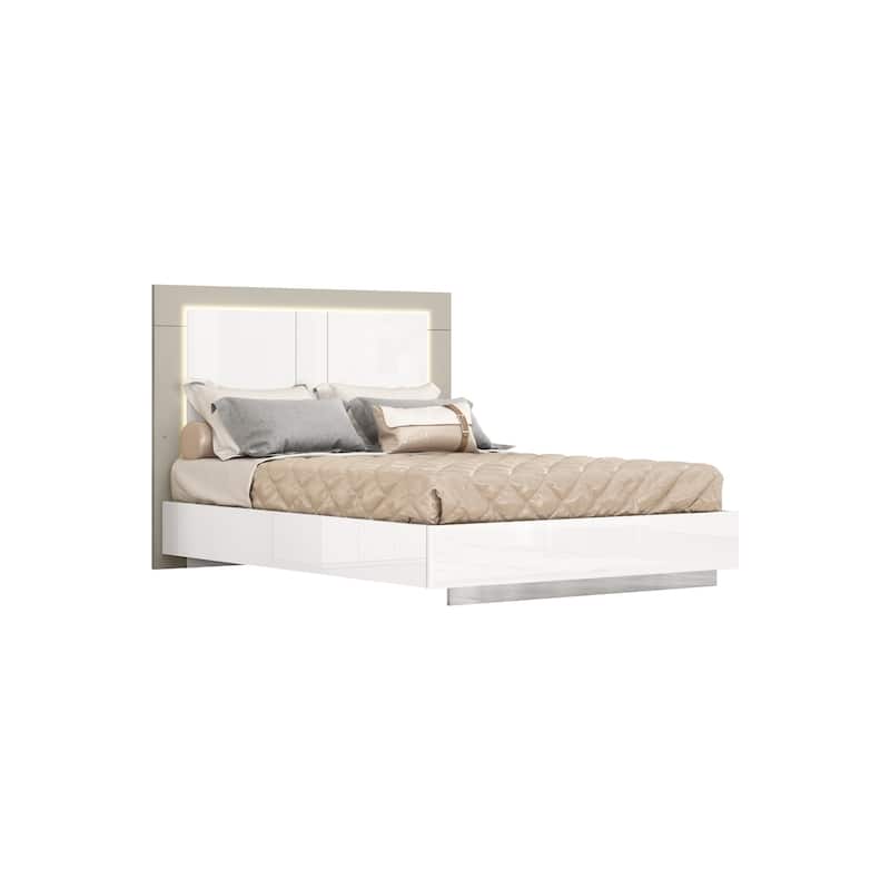 Queen Bed with High Gloss White Frame & Taupe Headboard - Modern Bedroom Furniture
