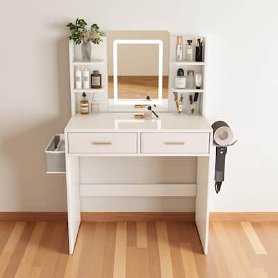 Makeup Vanity Table with Adjustable LED Lights, 2 Drawers, Shelves & Hair Dryer Rack for Bedroom