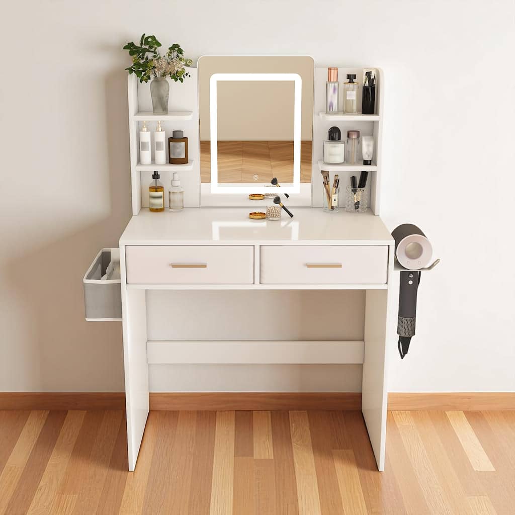 Makeup Vanity Table with Adjustable LED Lights, 2 Drawers, Shelves & Hair Dryer Rack for Bedroom
