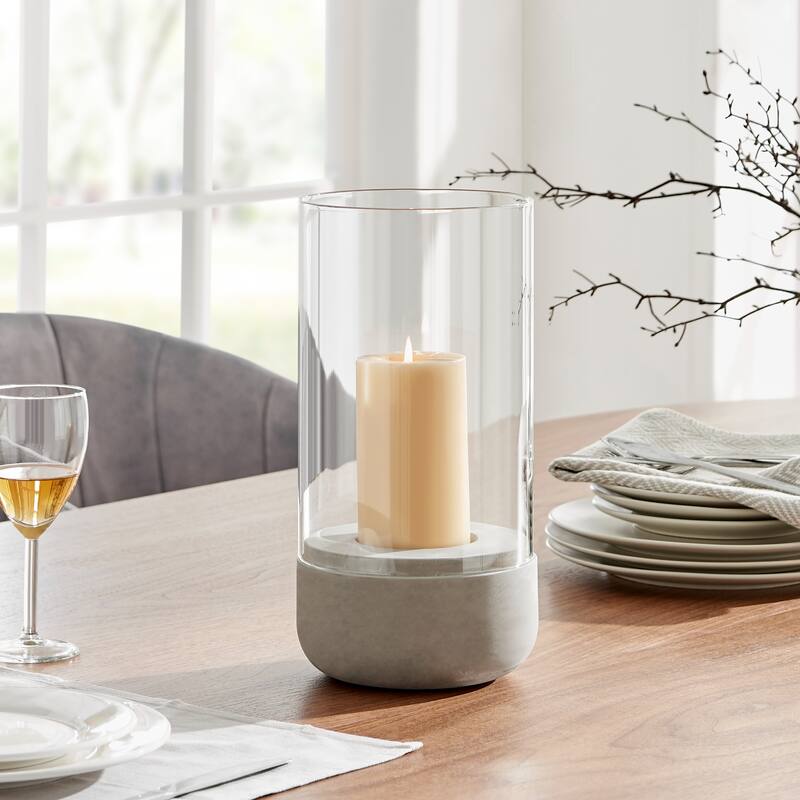 Large Glass Pillar Candle Holders with Cement Base - 12.5" - Gray and Clear