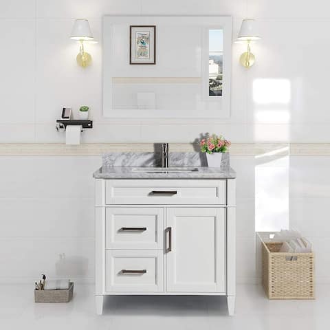 Vanity Art 36-Inch Single Sink Bathroom Vanity Set Carrara Marble Stone Top 3 Drawers 1 Shelf Undermount Sink with Free Mirror
