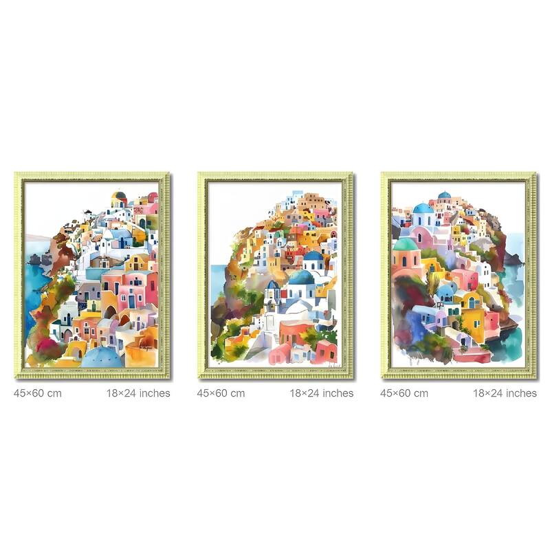 Set of 3 Colorful Cityscape Framed Wall Art - Replaceable Canvas Prints with Wood Picture Frames - Green,Pink