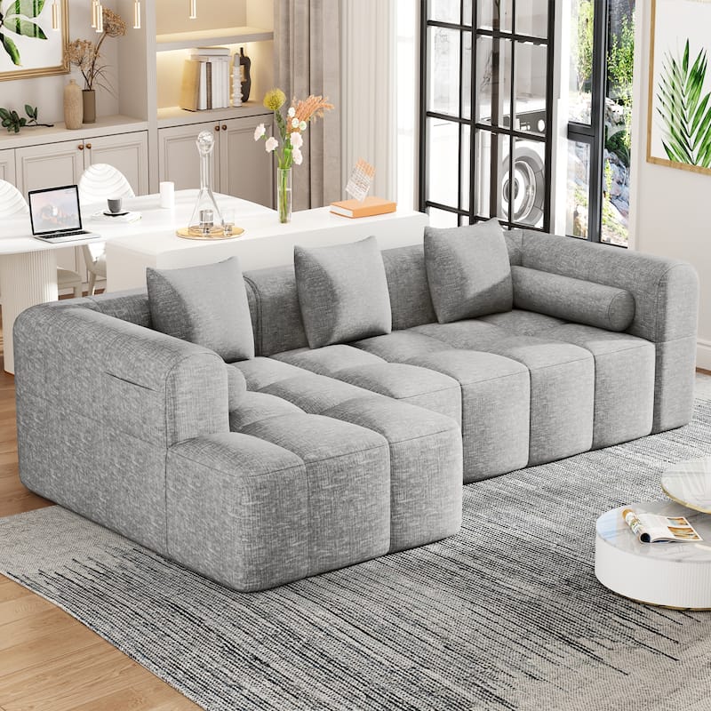 Roomfitters 101 Inch Modern Modular Sectional Sofa with Deep Seating and Side Pockets, Chenille, Light Gray
