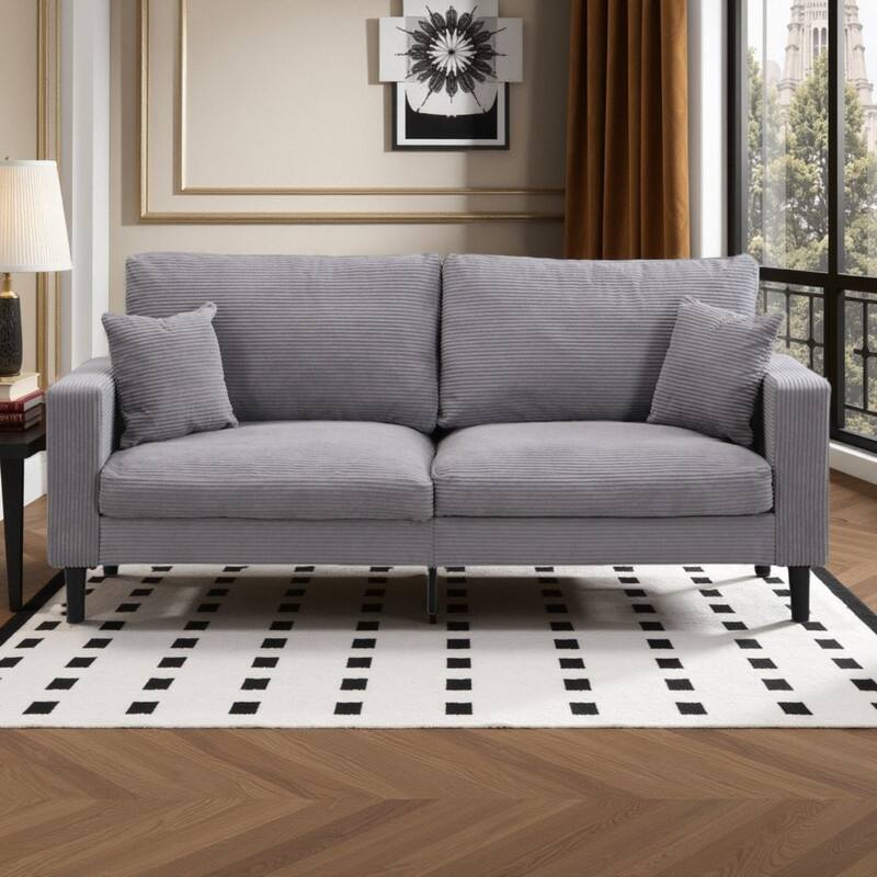 74" Corduroy 3-Seater Sofa with Wooden Frame, High-Resilience Foam Cushions, and Modern Design - Light Gray