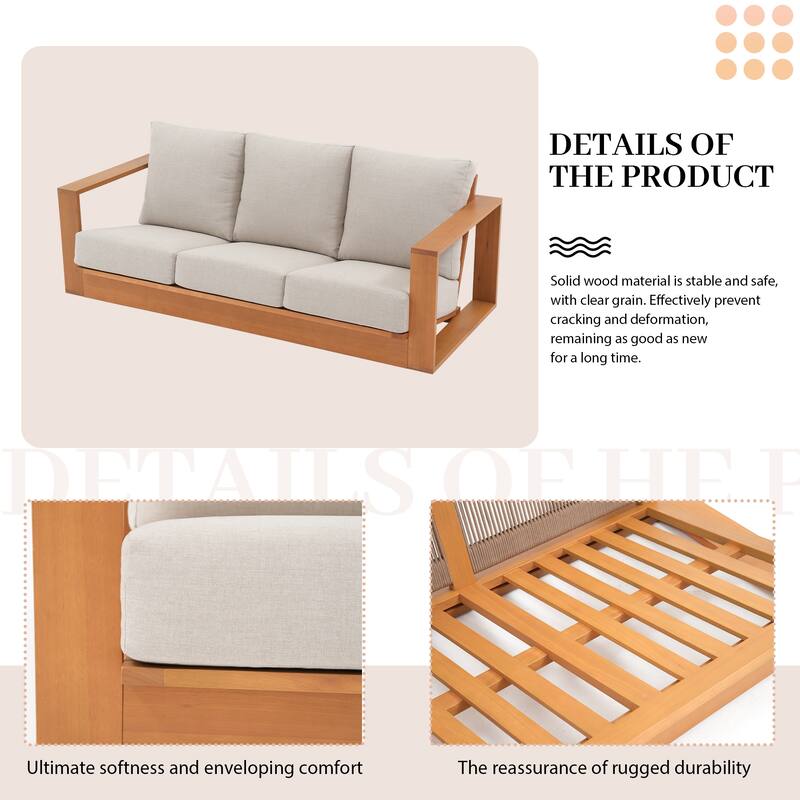 Outdoor Conversation Set 5-Piece Eucalyptus Wood 3-Seater Sofa Weather‑resistant Rope Weave Loveseat with Coffee Table