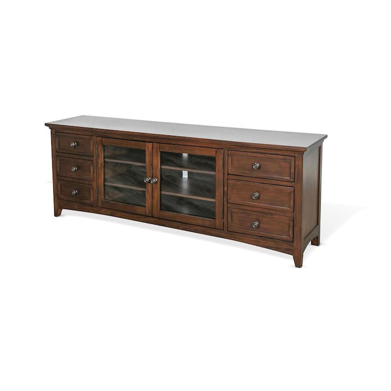 Xyla 72 Inch TV Stand Media Cabinet, Glass Door, 6 Drawers, Brown