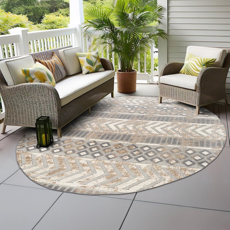 World Rug Gallery Distressed Geometric Indoor/Outdoor Area Rug - 8' ROUND - Beige