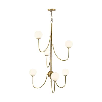 6-light Mid - Century Modern Gold Chandelier, Multi - Arm Globe Glass Pendant Light