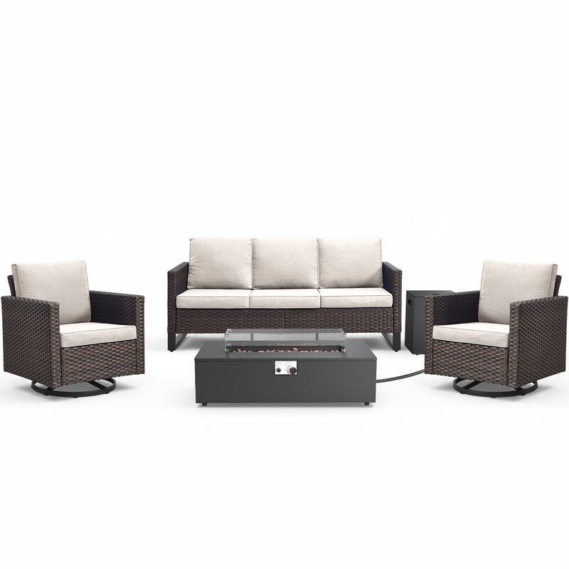 Pocassy Patio 5/7PCS Sofa Swivel Chair Ottoman with Fire Pit Table