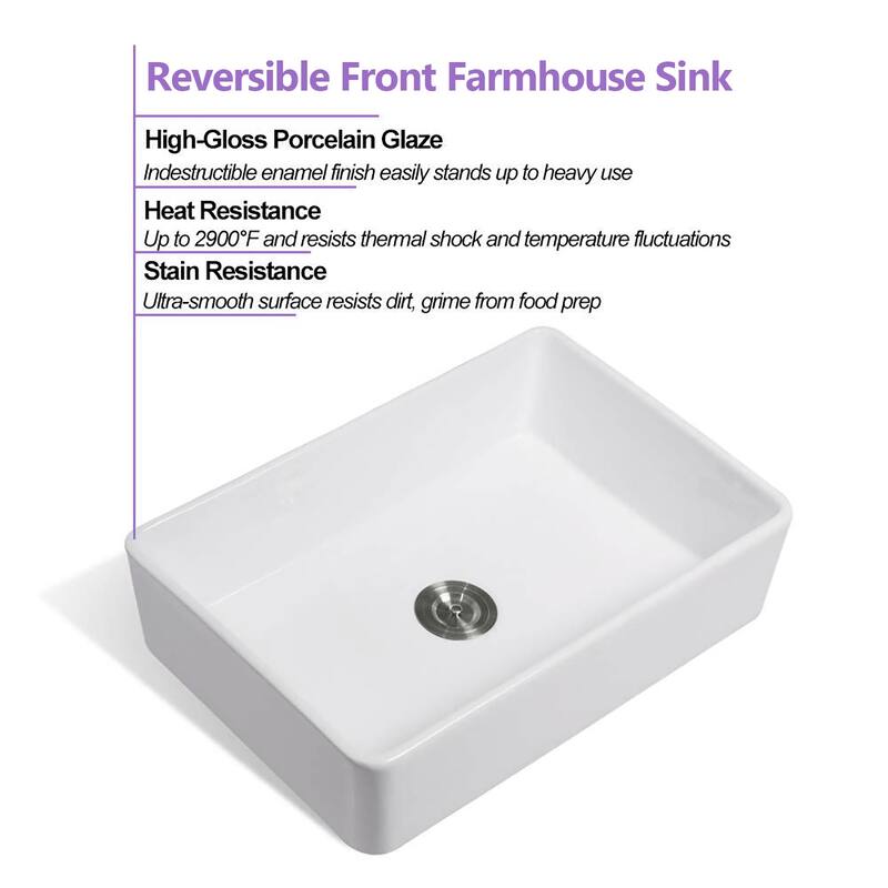 Single Basin Ceramic Farmhouse Kitchen Sink with Basket Strainer - White