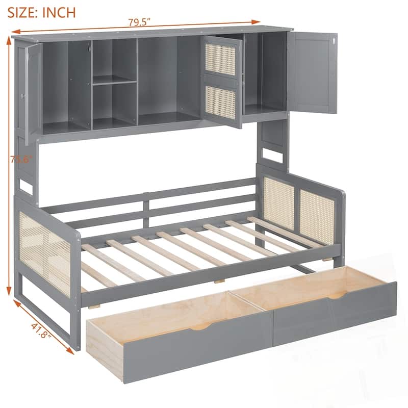 Wooden Daybed With 2 Drawers and All-in-One Cabinet and Shelf