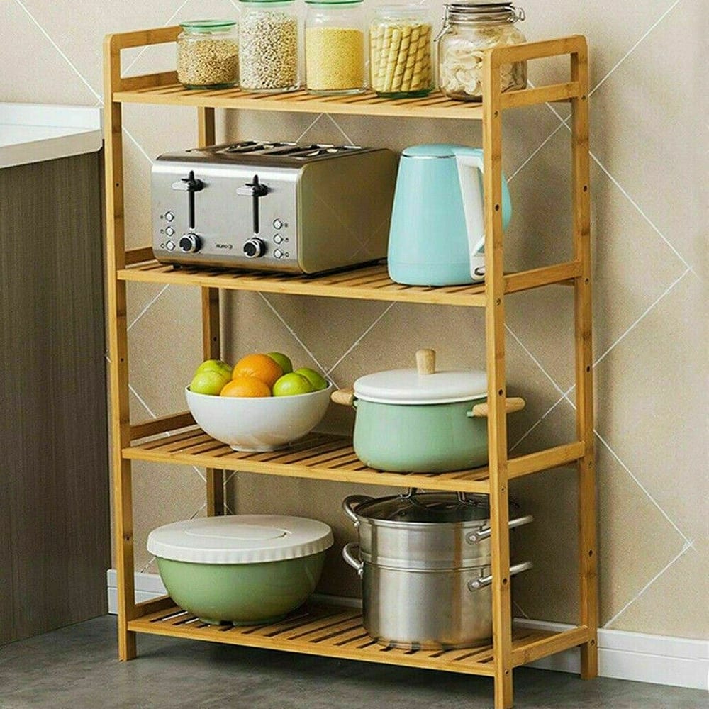 4 Tiers Bamboo Wood Storage Rack Kitchen Shelving Bookshelf - 26.46x9.84x38.97in