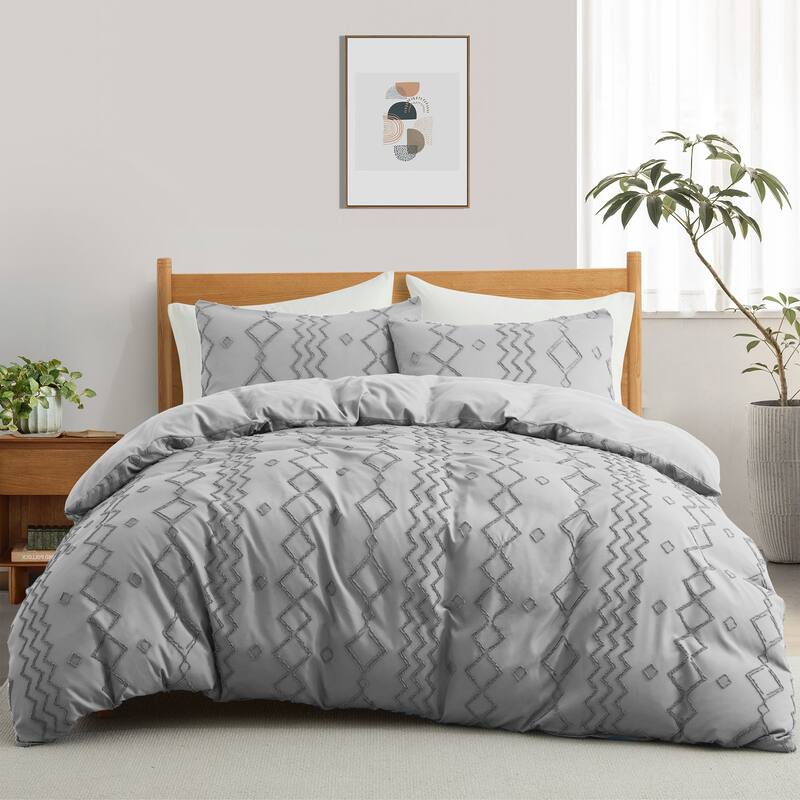3 Piece Tufted Clipped Jacquard Geometric Oversized Duvet Cover Set - Full - Queen - Diamond/Light Gray