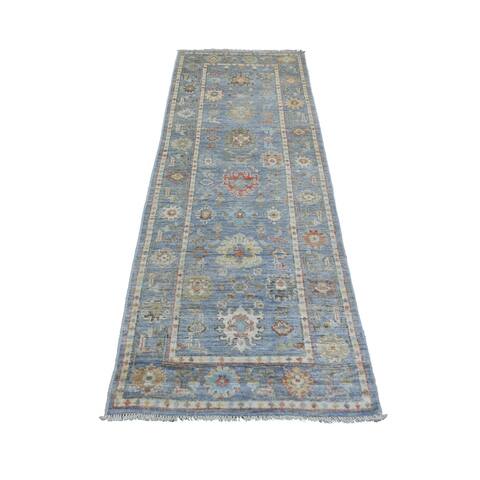 Hand Knotted Blue Oushak And Peshawar with Wool Oriental Rug (2'8" x 7'8") - 2'8" x 7'8"