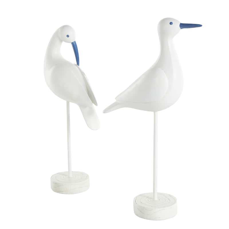 White Polystone Bird Decorative Sculpture with Blue Coral Patterns and Wood Inspired Bases (Set of 2)