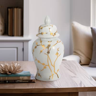 Sagebrook Home Elegance 14" White Ceramic Temple Jar with Gold Cherry Blossom - Chinoiserie Accent Piece