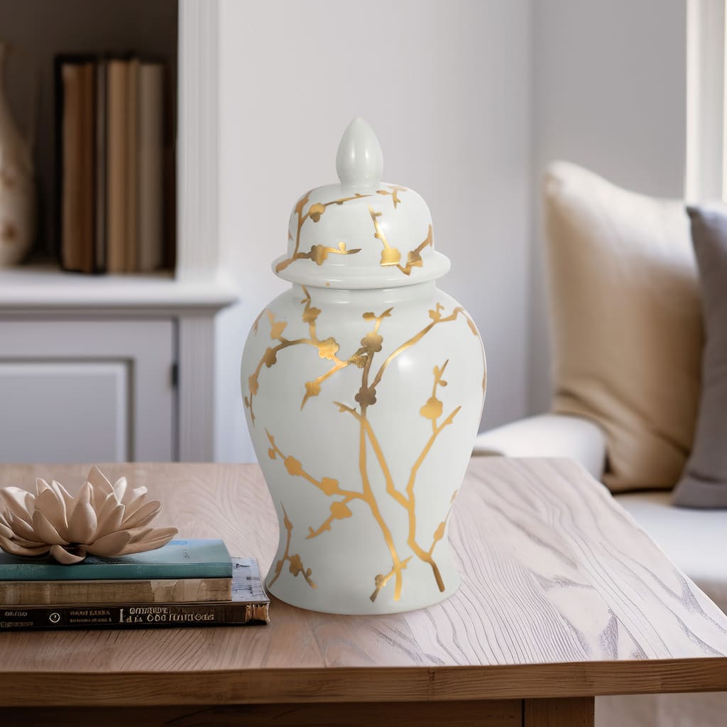Sagebrook Home Elegance 14" White Ceramic Temple Jar with Gold Cherry Blossom - Chinoiserie Accent Piece