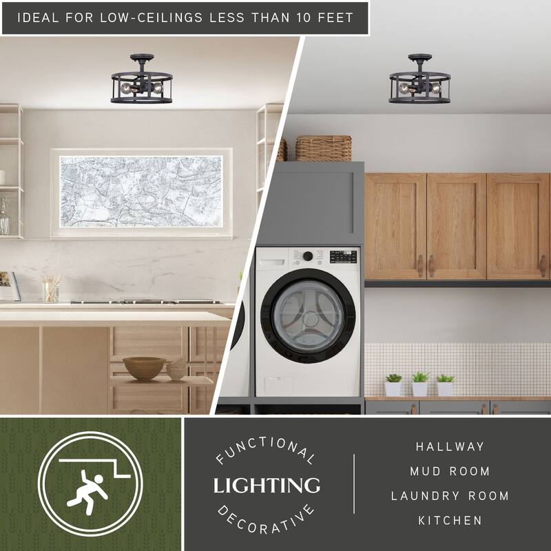 Akron 12-in W Bronze Farmhouse Cage Semi Flush Mount Ceiling Light - 12-in W x 9.5-in H x 12-in D - 12-in W x 9.5-in H x 12-in D