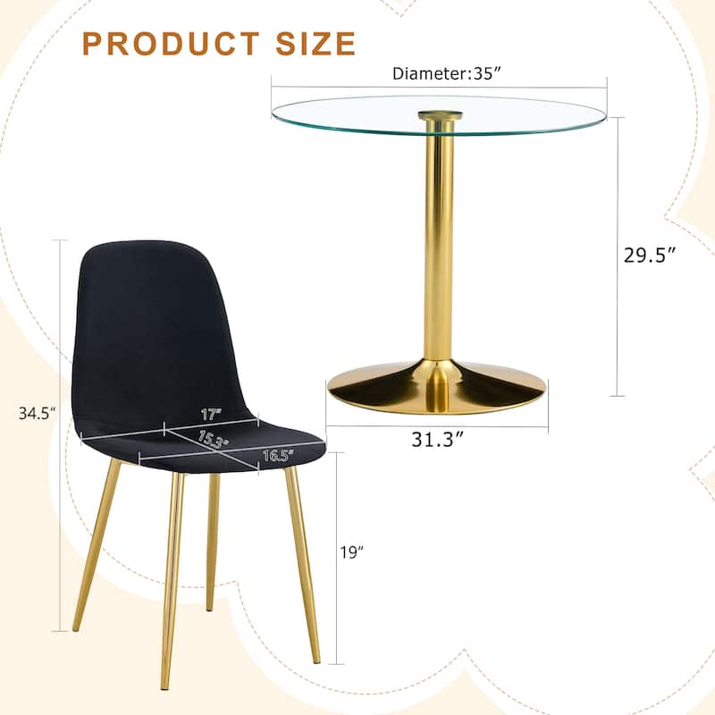 5-Piece Round Dining Table Set, 35 Inch Tempered Glass Top with Metal Base & 4 High-Resilience Fabric Chairs