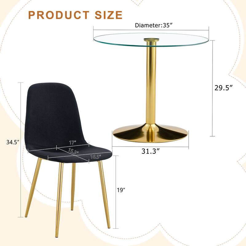 Roomfitters 5pcs Round Glass Dining Table Set with Golden Base and Linen Cotton Upholstered Chairs, Elegant Design, Black