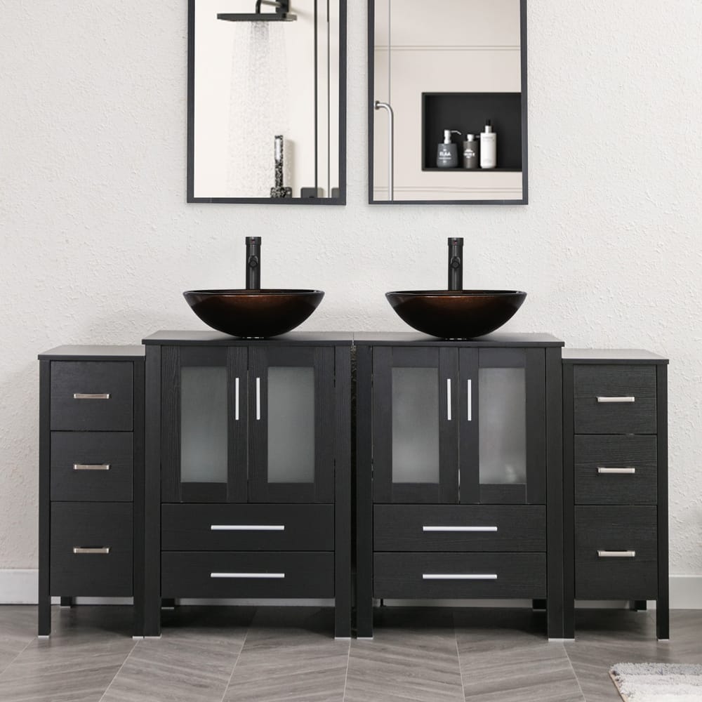 72" Bathroom Vanity Set Glass Ceramic Vessel Sink Side Cabinet Combo
