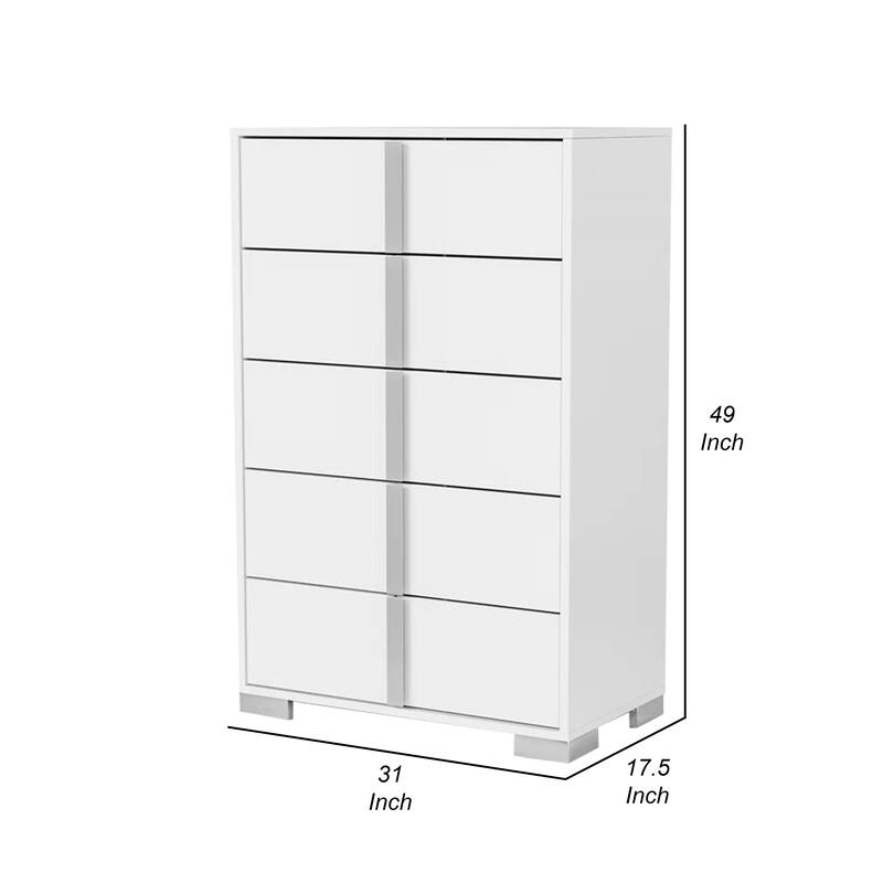 Suni Tall Dresser Chest, Glossy White Wood with UV Finish, 5 Drawers
