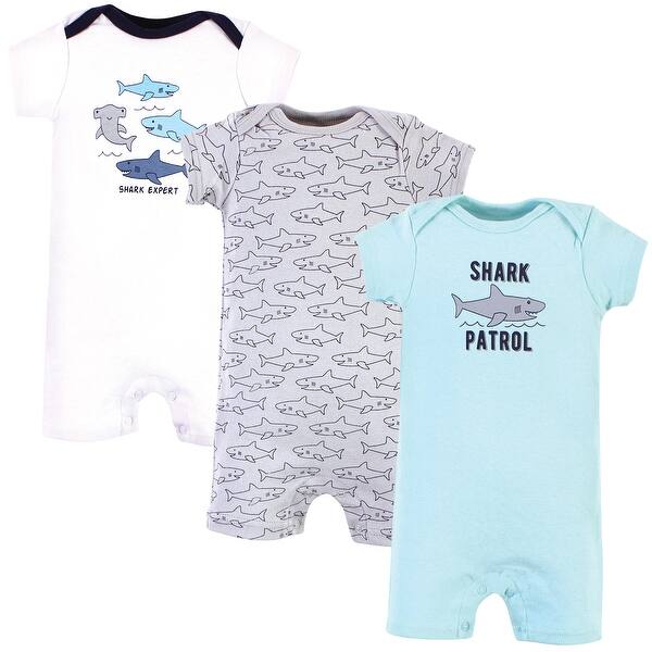 slide 1 of 1, Hudson Baby Infant Boy Cotton Rompers, Shark Patrol 0 - 3 Months - White/Grey/Blue