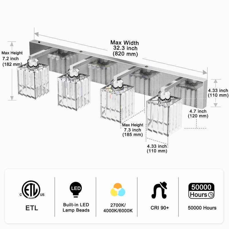 YANSUN 4-Light Vanity Light Fixture with Square Chrome Frame and Crystal Shades