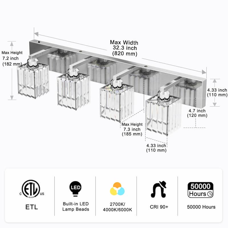 YANSUN 4-Light Vanity Light with Chrome Frame and Crystal Shades for Bathroom or Vanity