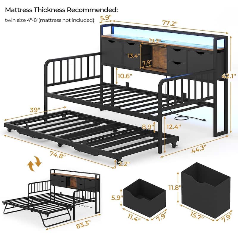 Daybed with Trundle Charging Station LED Lights Storage Headboard