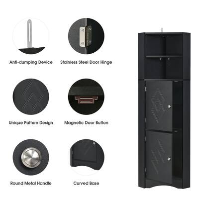 Black Tall Corner Bathroom Cabinet with Doors & Adjustable Shelves, MDF