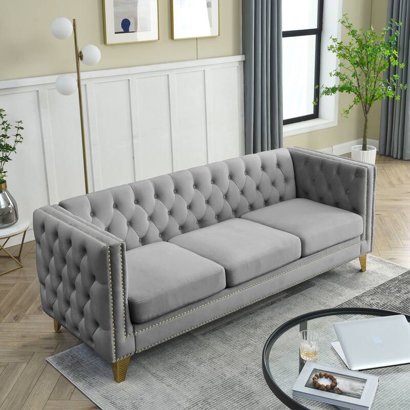 Classic Chesterfield Velvet Sofa Set, 2-Piece Button-Tufted 3-Seater Couch with Nailhead Trim and Metal Legs