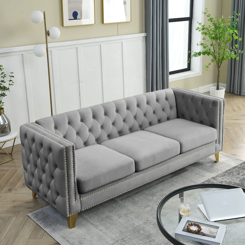 Roomfitters 5-Seater Velvet Sofa Set, 3+2 Chesterfield Square-Arm Tufted Couches with Nailhead Trim and Gold Legs