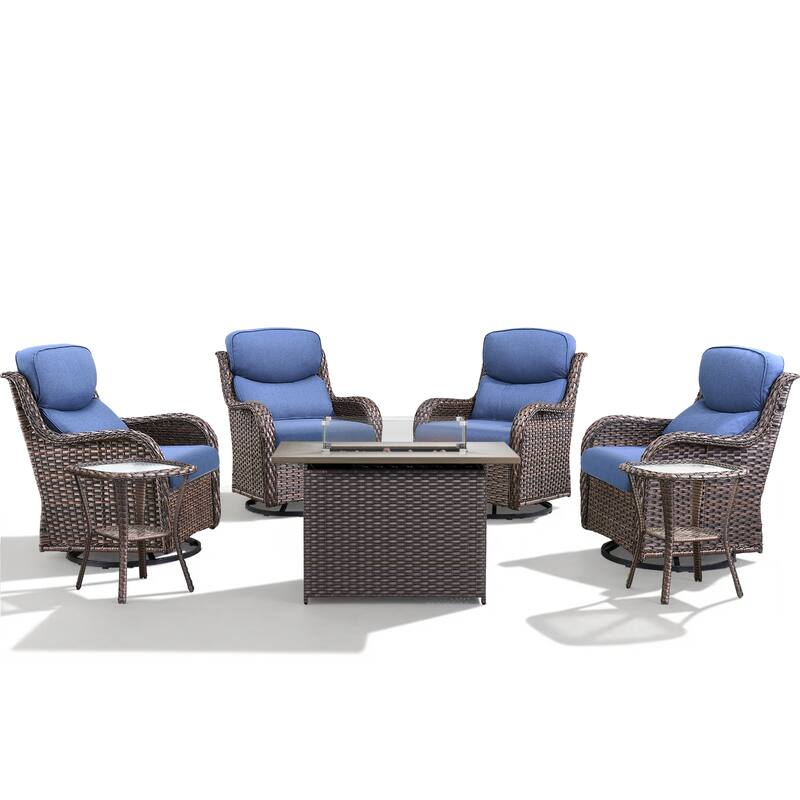 Meyreso 7-Piece Outdoor Patio Wicker Fire Pit 4 person Conversation Set with 5-Inch Thick Cushions