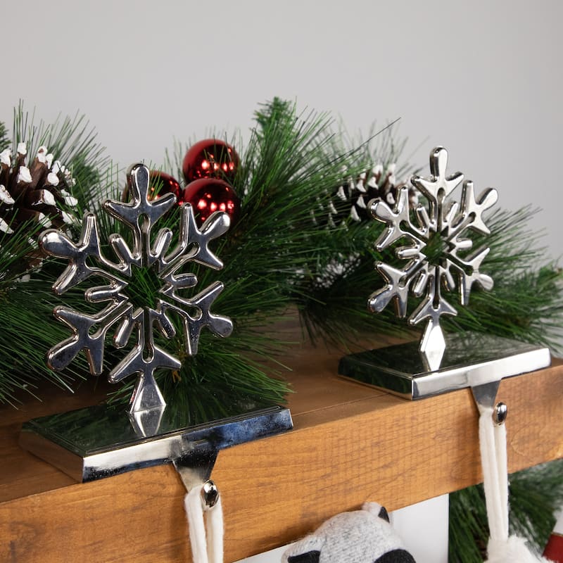 2 Solid Silver Snowflake Cutout Christmas Metal Stocking Holders 6.5"